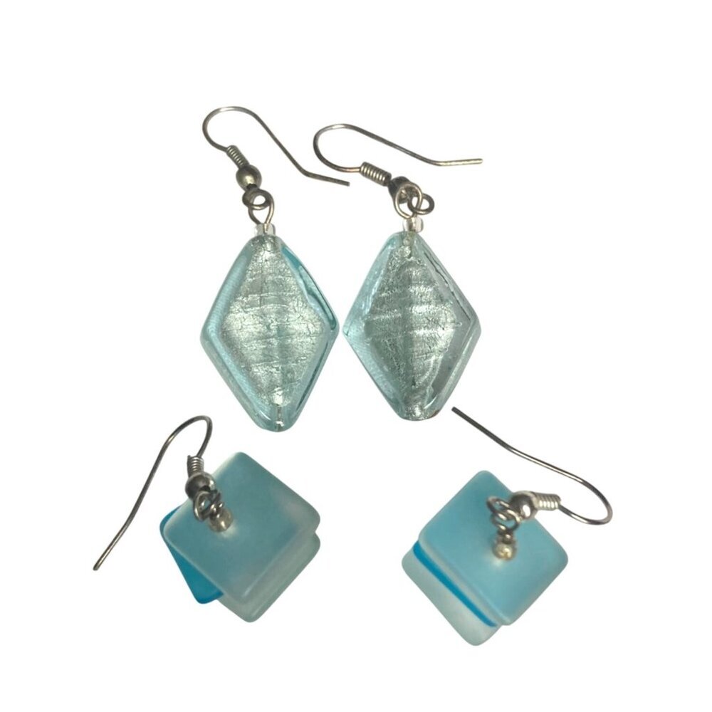2 Pair Blue Glass Dangle Earrings Frosted Diamond Shape and Stacked Square